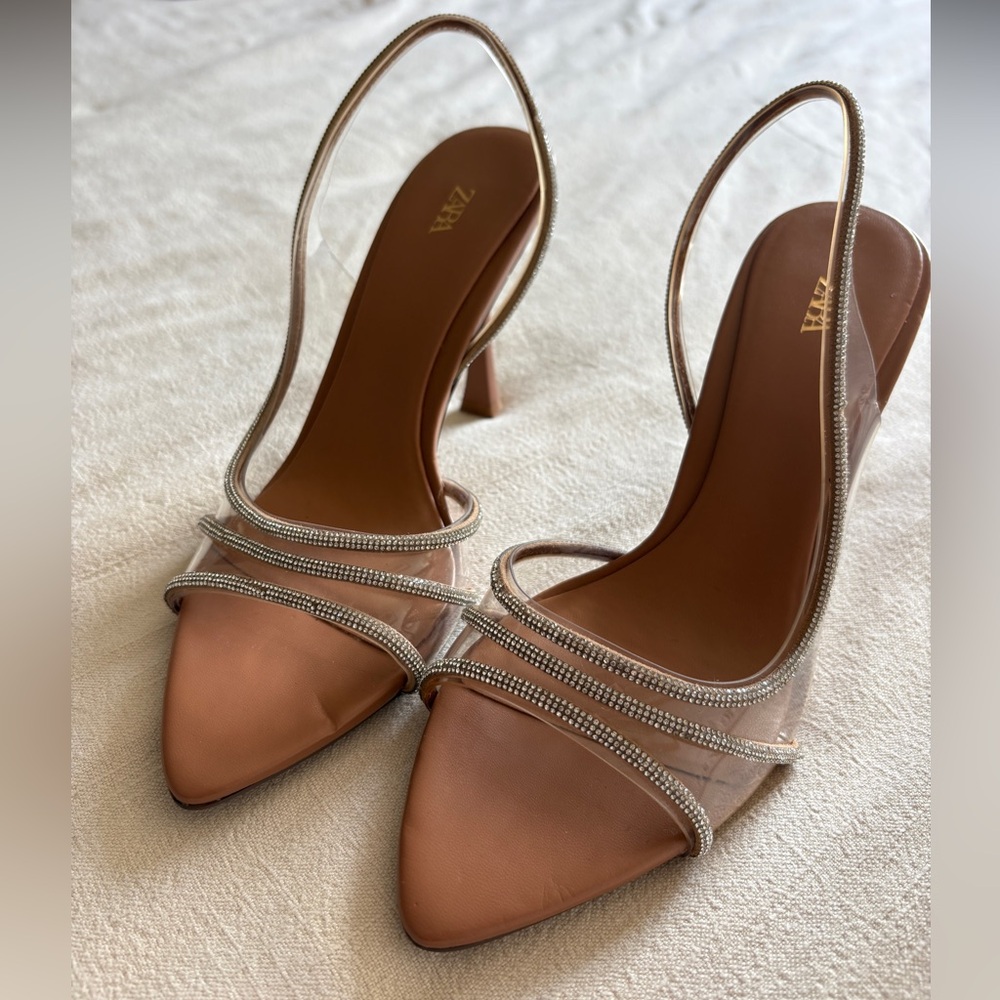 Zara Nude Slingback Heels with Rhinestone Detail